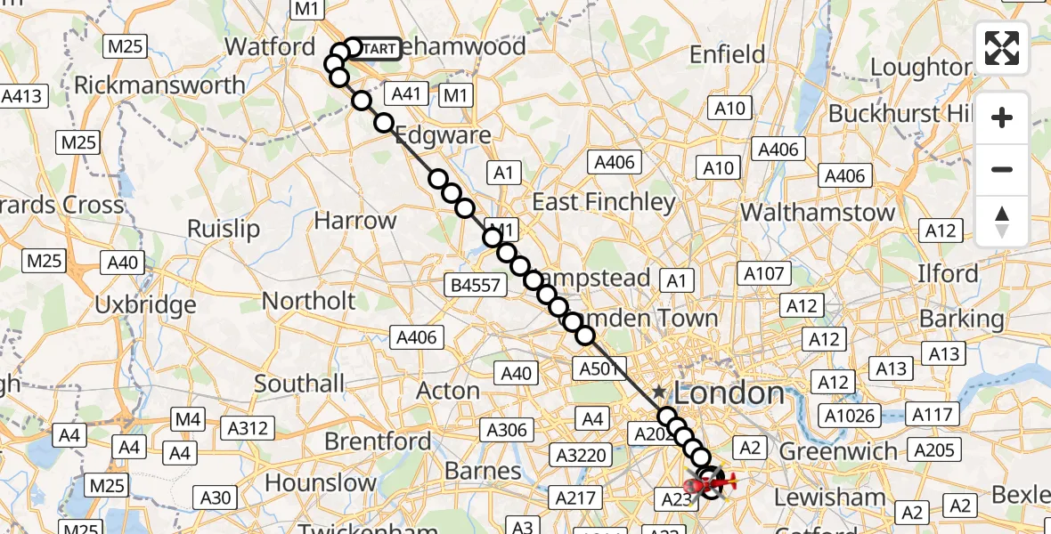 Flight route Air Ambulance Helicopter Elstree Airfield - Kings College London Hospital, 22 May 2026, 11:12