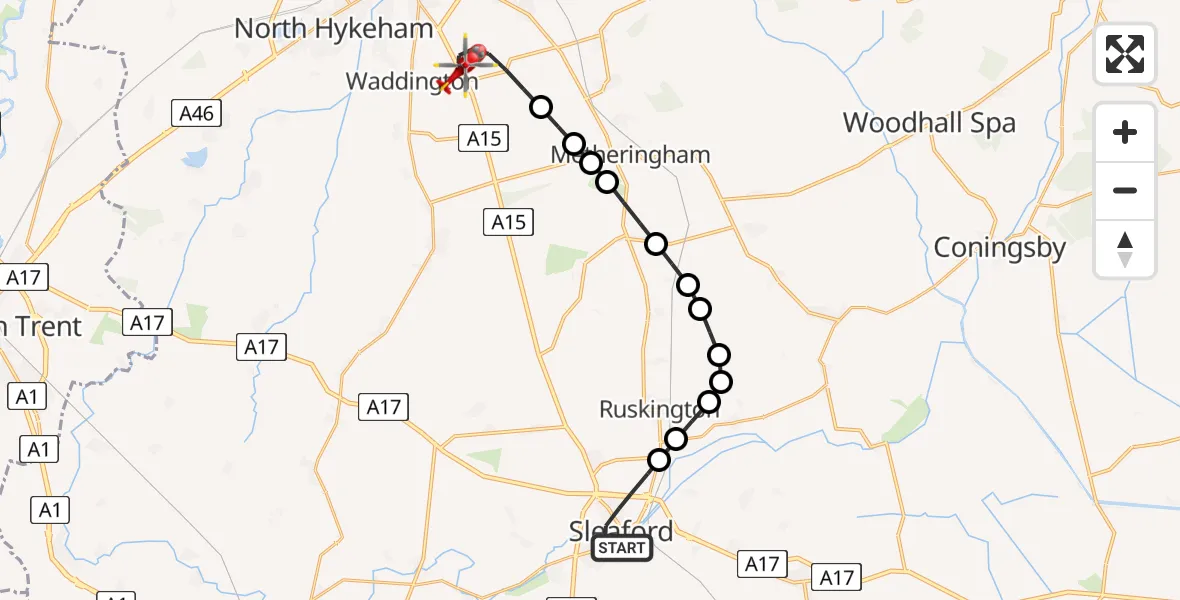Flight route Air Ambulance Helicopter Sleaford - North Kesteven, 22 May 2026, 11:24
