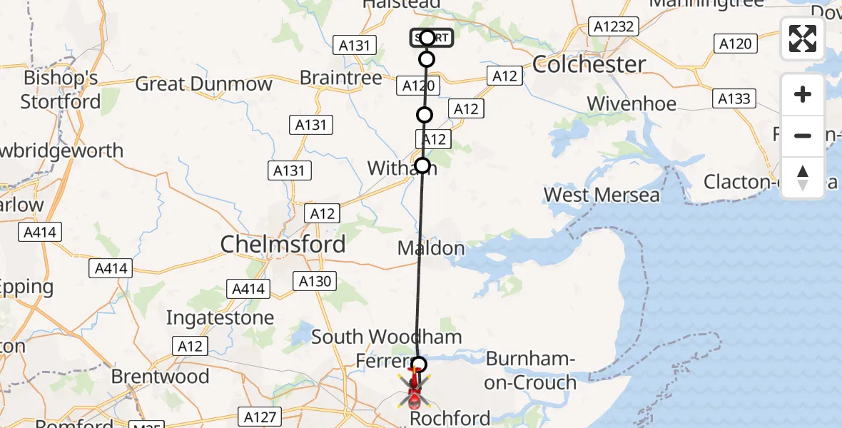 Flight route Air Ambulance Helicopter Earls Colne Airfield - Rochford, 22 May 2026, 11:28