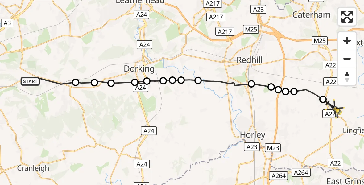 Flight route Police Helicopter Guildford - Blindley Heath, 22 May 2026, 11:32