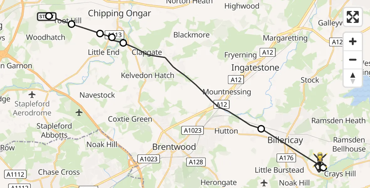 Flight route Police Helicopter Stapleford Tawney - Basildon, 22 May 2026, 11:37