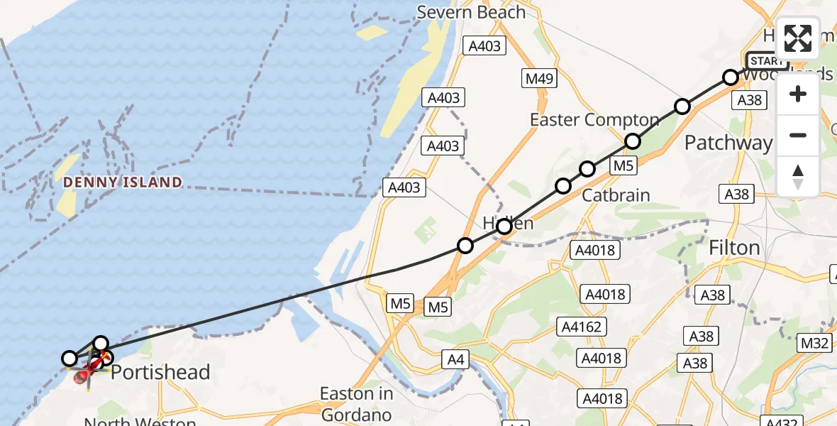 Flight route Air Ambulance Helicopter Almondsbury Helicopter Base - Portishead, 22 May 2026, 11:39