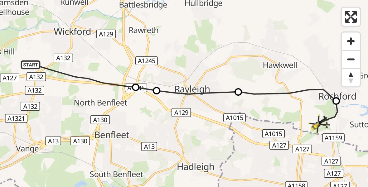 Flight route Police Helicopter Basildon - London Southend Airport, 22 May 2026, 11:46