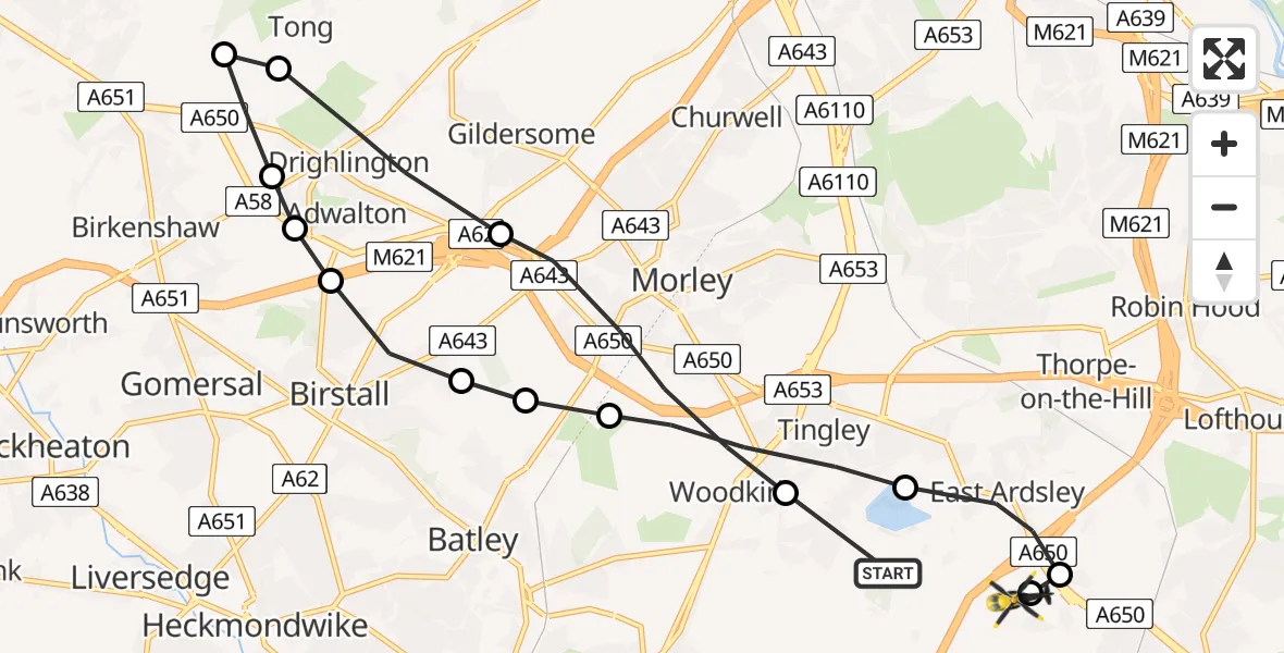Flight route Police Helicopter East Ardsley - East Ardsley, 22 May 2026, 11:50