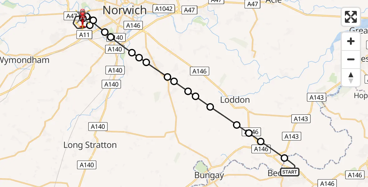 Flight route Air Ambulance Helicopter Beccles - Norfolk & Norwich Hospital, 22 May 2026, 12:00