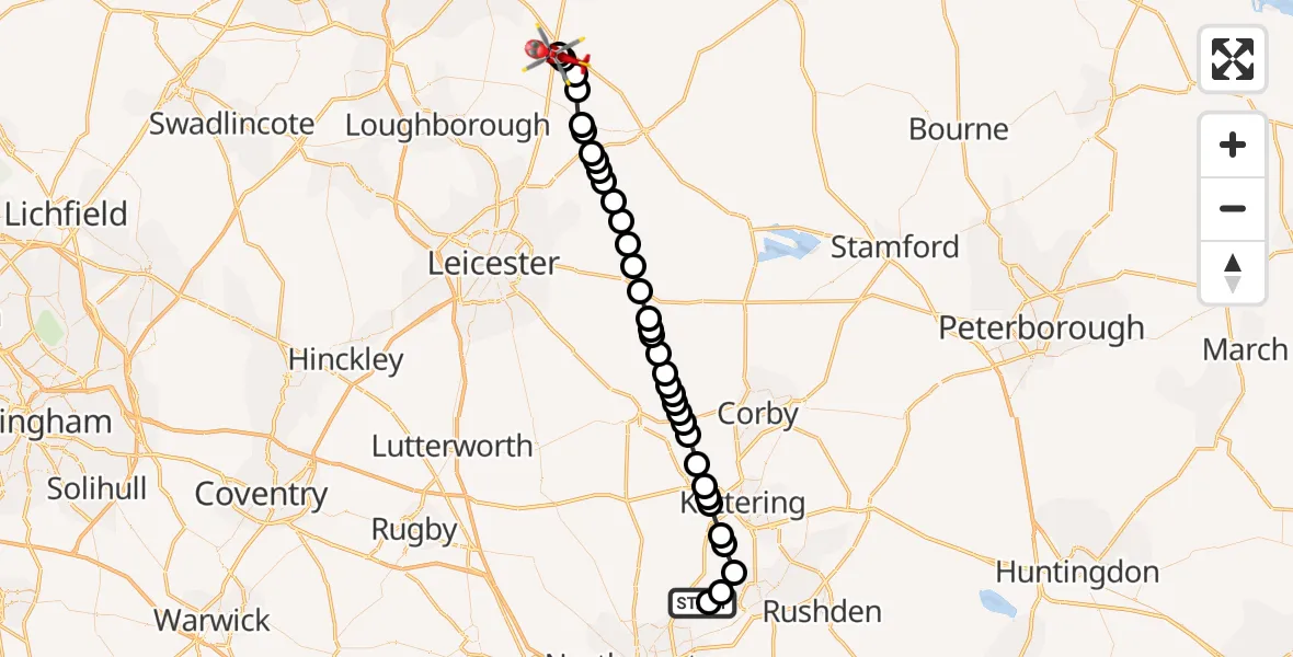 Flight route Air Ambulance Helicopter Sywell Aerodrome - Nottingham Heliport, 22 May 2026, 12:05