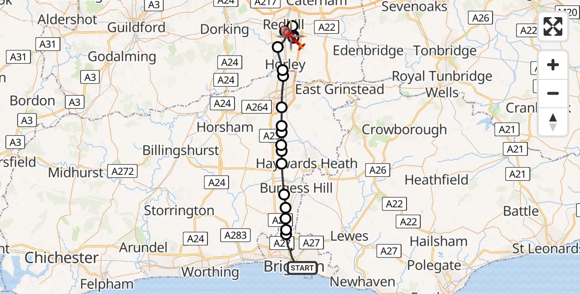 Flight route Air Ambulance Helicopter Brighton - Redhill Aerodrome, 22 May 2026, 12:05
