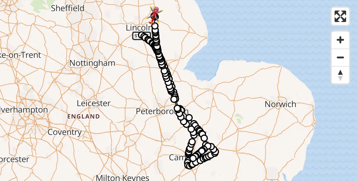 Flight route Air Ambulance Helicopter RAF Waddington - Wickenby Aerodrome, 22 May 2026, 12:10