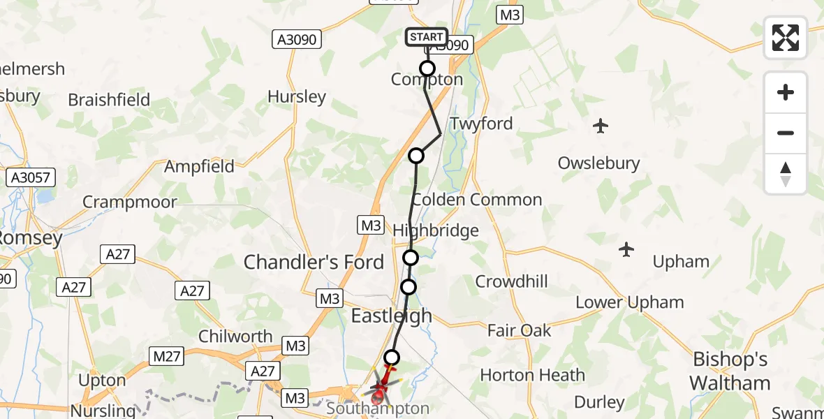 Flight route Air Ambulance Helicopter Compton - Southampton Airport, 22 May 2026, 12:11