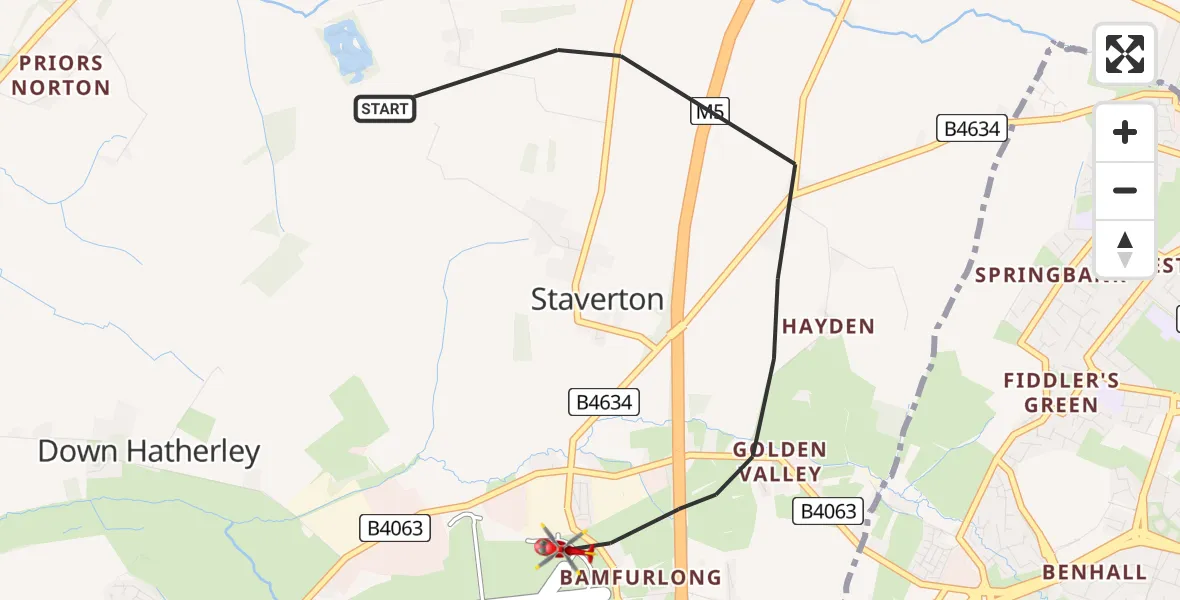 Flight route Air Ambulance Helicopter Tewkesbury - Gloucestershire Airport, 22 May 2026, 12:13