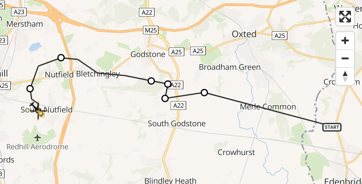 Flight route Police Helicopter Edenbridge - South Nutfield, 22 May 2026, 12:15