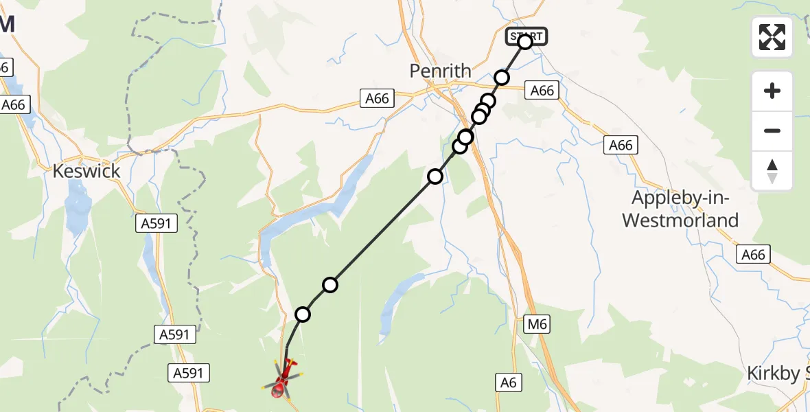 Flight route Air Ambulance Helicopter Langwathby - Patterdale, 22 May 2026, 12:16