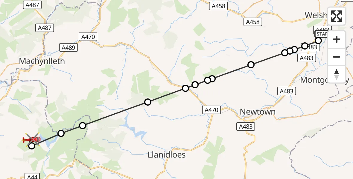 Flight route Air Ambulance Helicopter Welshpool Airport - Ceulanamaesmawr, 22 May 2026, 12:26