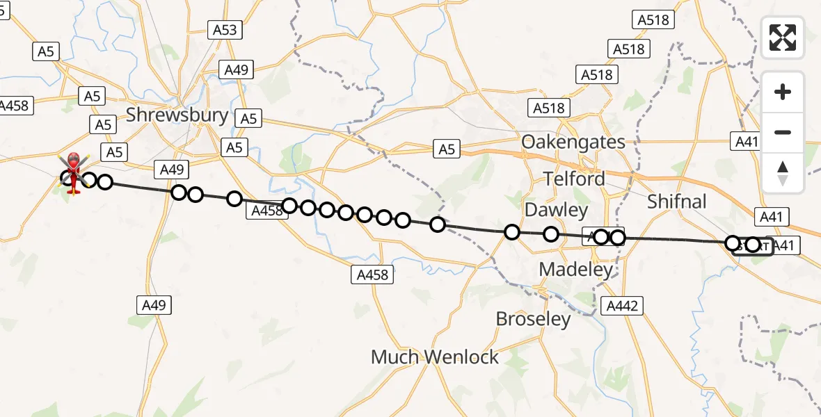 Flight route Air Ambulance Helicopter RAF Cosford - Cruckton, 22 May 2026, 12:29