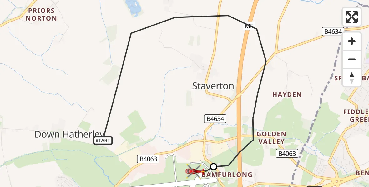 Flight route Air Ambulance Helicopter Tewkesbury - Gloucestershire Airport, 22 May 2026, 12:31