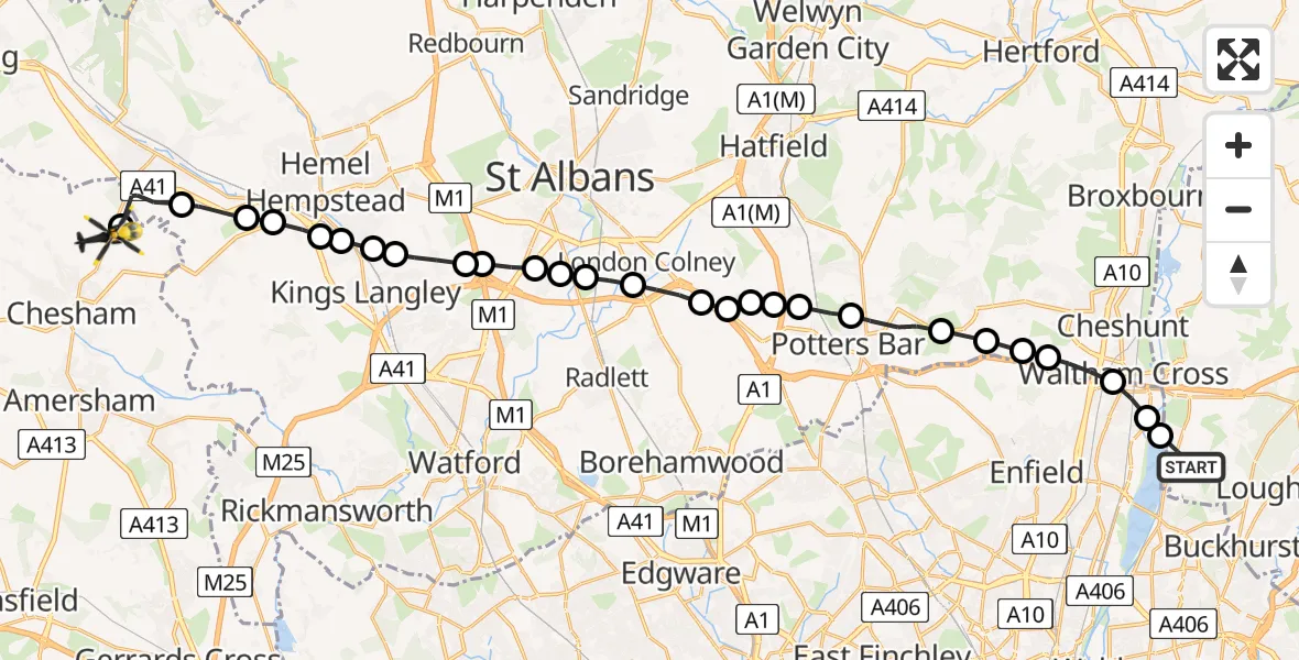 Flight route Police Helicopter Sewardstonebury - Ashley Green, 22 May 2026, 12:40