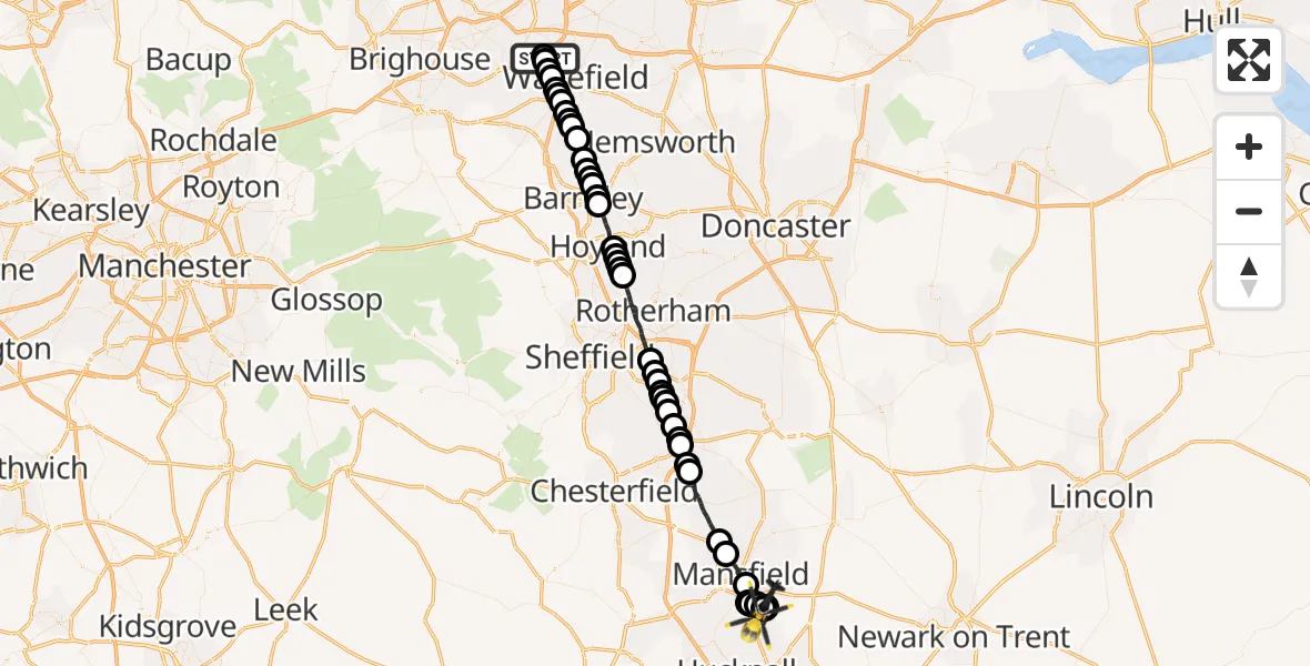 Flight route Police Helicopter East Ardsley - Ravenshead CP, 22 May 2026, 12:41