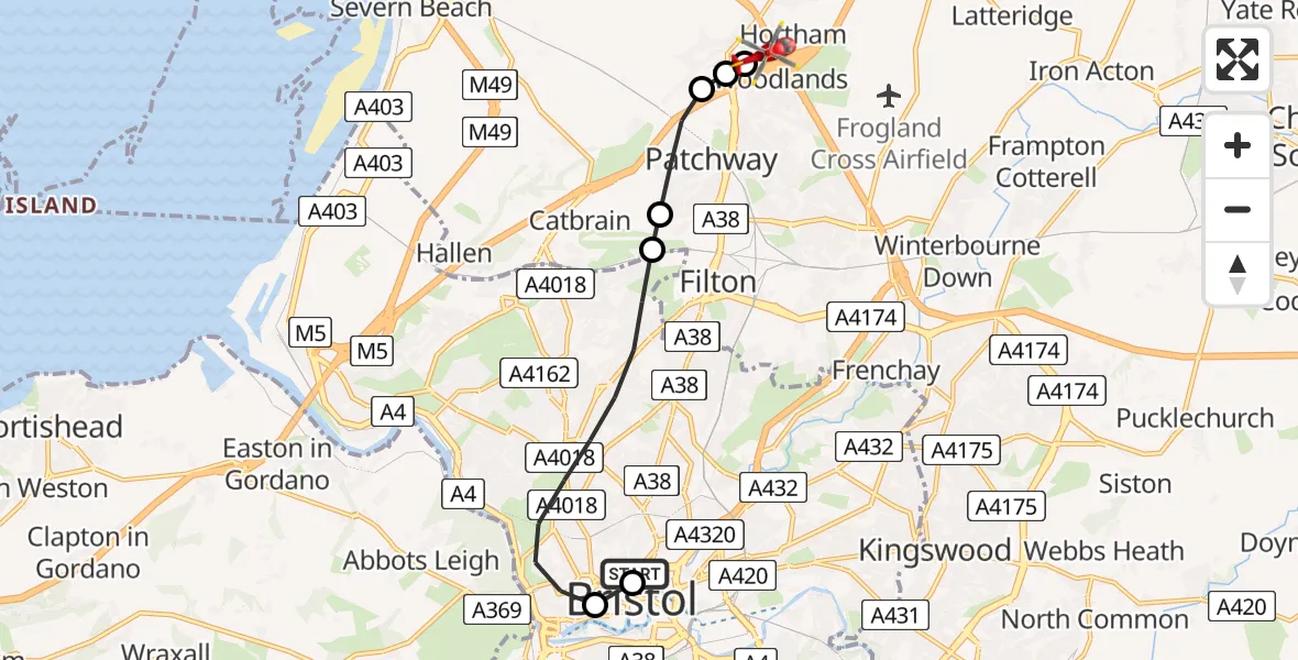 Flight route Air Ambulance Helicopter Bristol Royal Infirmary - Almondsbury Helicopter Base, 22 May 2026, 12:43