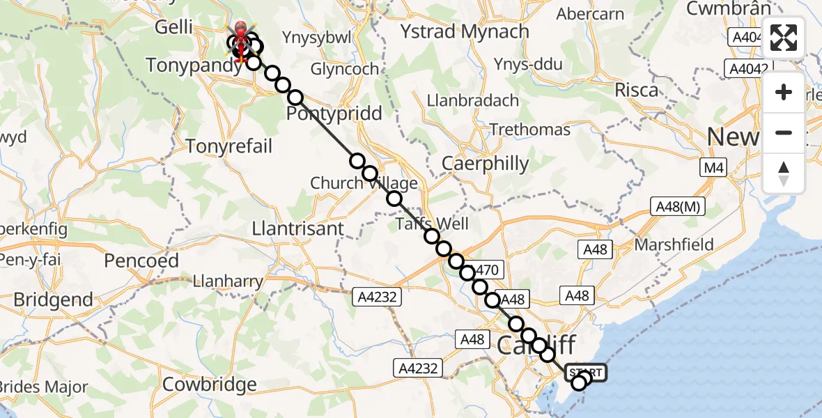 Flight route Air Ambulance Helicopter Cardiff Heliport - Pontygwaith, 22 May 2026, 12:43