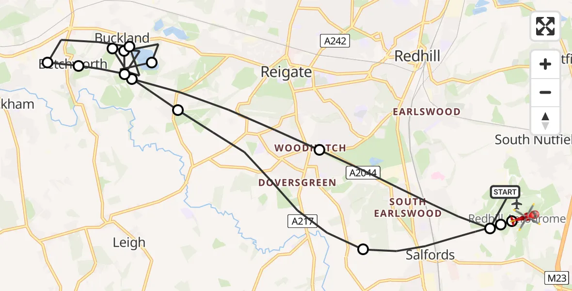 Flight route Air Ambulance Helicopter Redhill Aerodrome - Tandridge, 22 May 2026, 12:45
