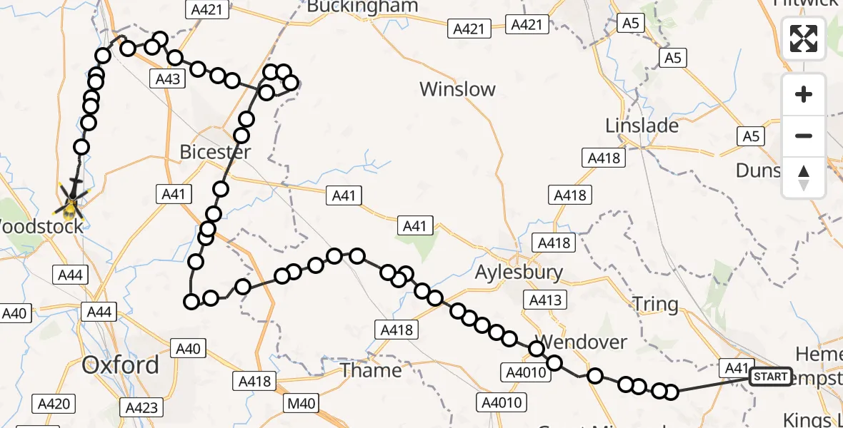 Flight route Police Helicopter Berkhamsted - Tackley, 22 May 2026, 12:54