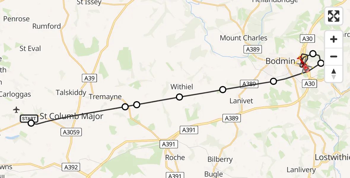 Flight route Air Ambulance Helicopter Cornwall Airport Newquay - Bodmin, 22 May 2026, 12:57
