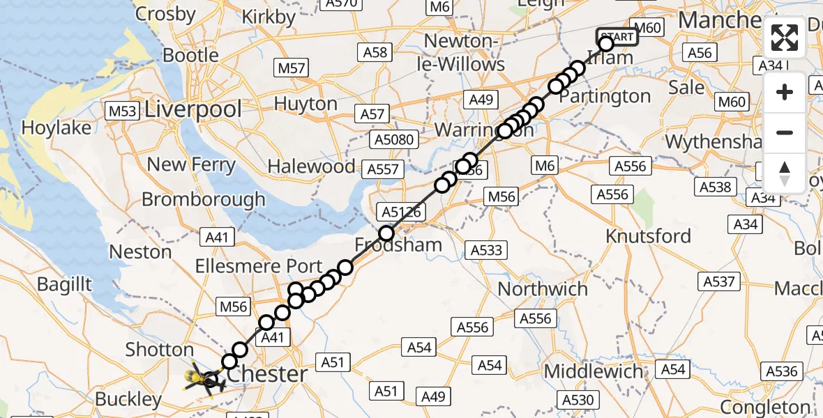 Flight route Police Helicopter Irlam - Hawarden Airport, 22 May 2026, 13:00