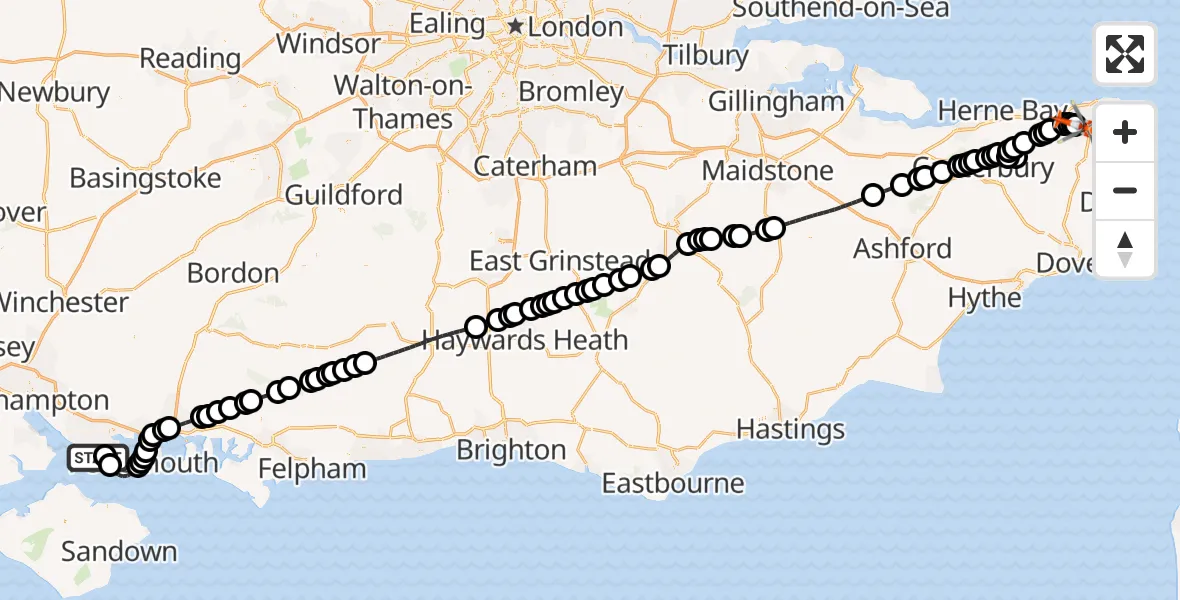 Flight route Coastguard Helicopter Solent Airport - Manston Airport, 22 May 2026, 13:00