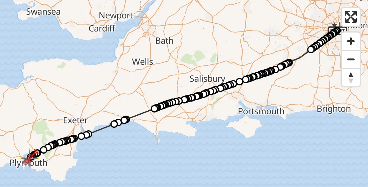 Flight route Air Ambulance Helicopter Kings College London Hospital - Derriford Hospital, 22 May 2026, 13:01