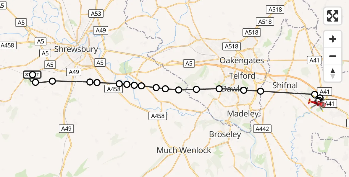 Flight route Air Ambulance Helicopter Cruckton - Tong, 22 May 2026, 13:04