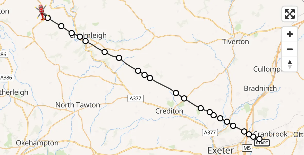Flight route Air Ambulance Helicopter Exeter International Airport - North Devon, 22 May 2026, 13:06