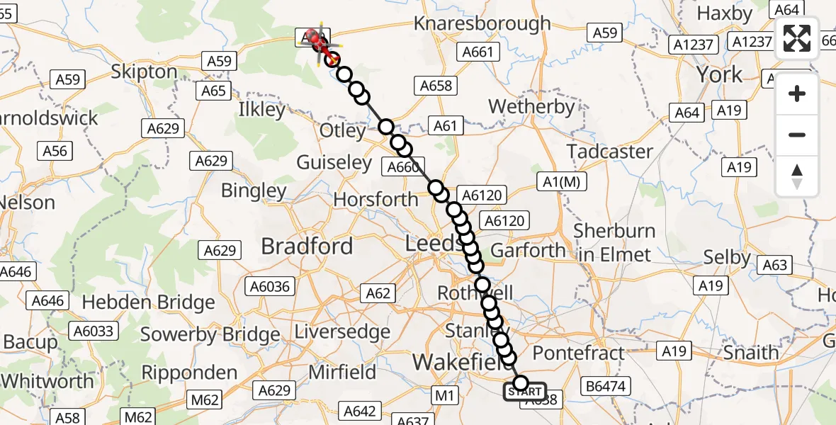 Flight route Air Ambulance Helicopter YAA Nostell Helicopter Port - Blubberhouses, 22 May 2026, 13:09
