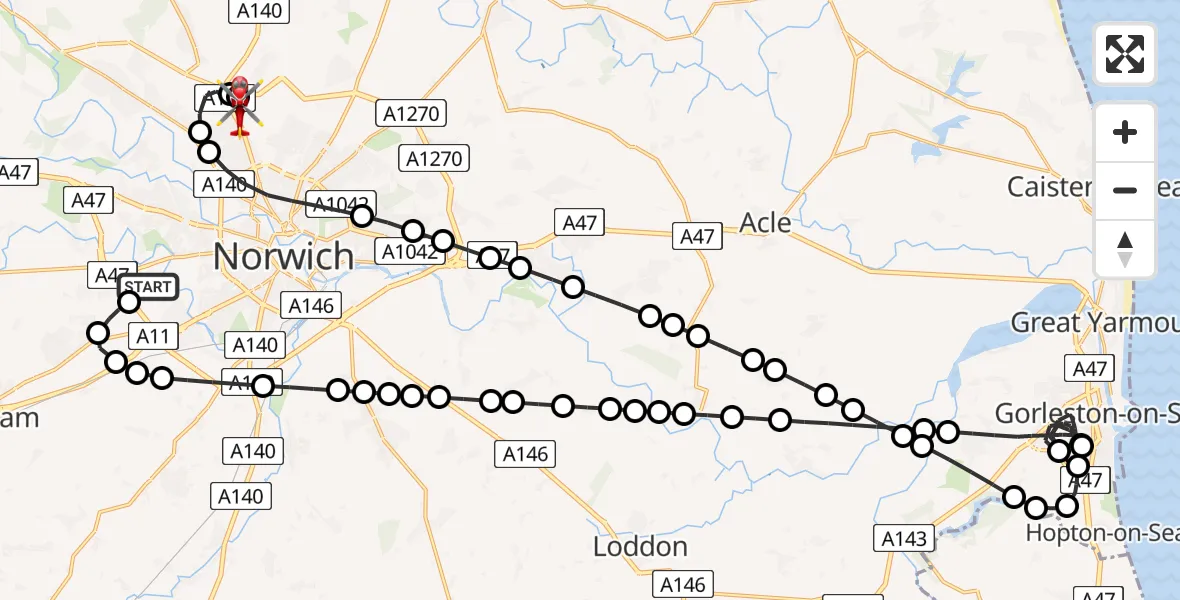 Flight route Air Ambulance Helicopter Norfolk & Norwich Hospital - Norwich Airport, 22 May 2026, 13:09