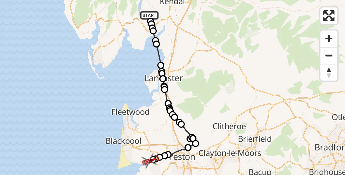 Flight route Air Ambulance Helicopter Cartmel Fell - Warton Aerodrome, 22 May 2026, 13:15