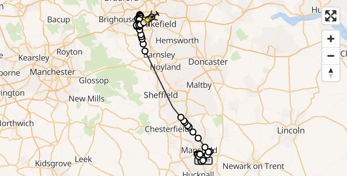Flight route Police Helicopter Ravenshead CP - East Ardsley, 22 May 2026, 13:19