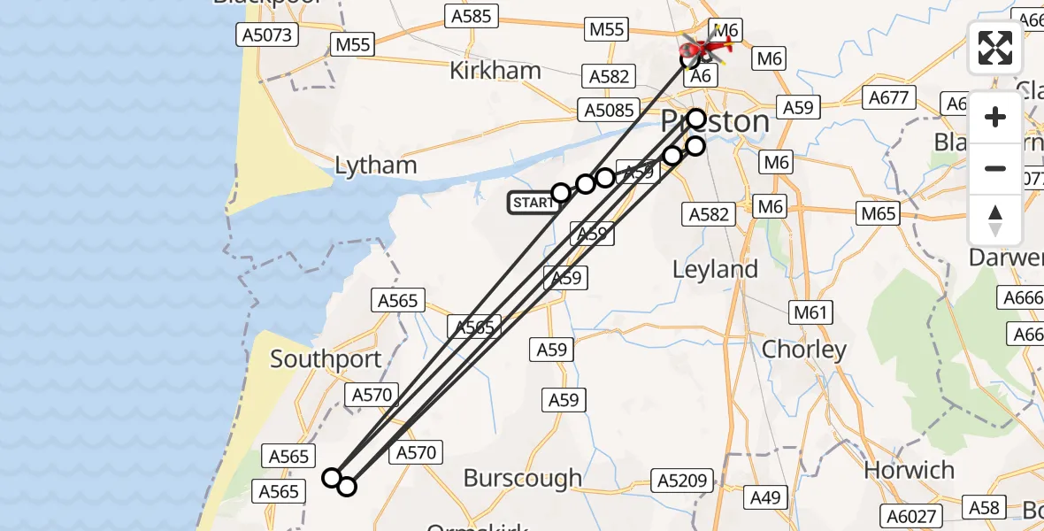 Flight route Air Ambulance Helicopter Becconsall - Preston, 22 May 2026, 13:38