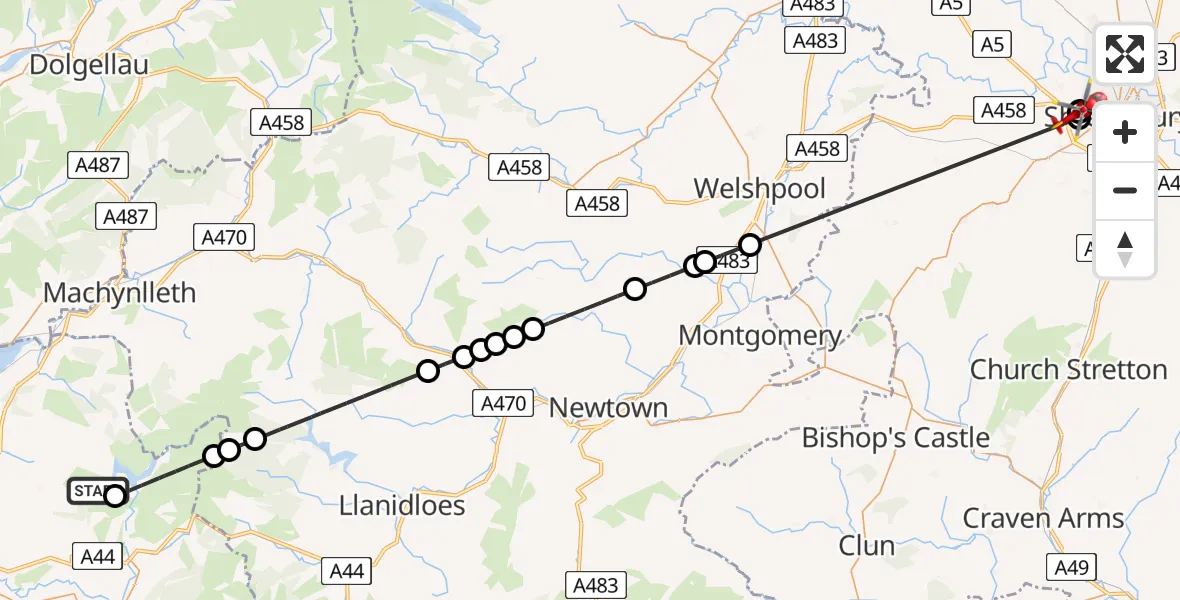 Flight route Air Ambulance Helicopter Ceulanamaesmawr - Shrewsbury, 22 May 2026, 13:39