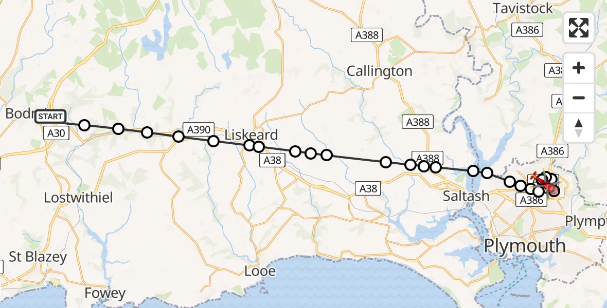 Flight route Air Ambulance Helicopter Bodmin - Crownhill, 22 May 2026, 13:40