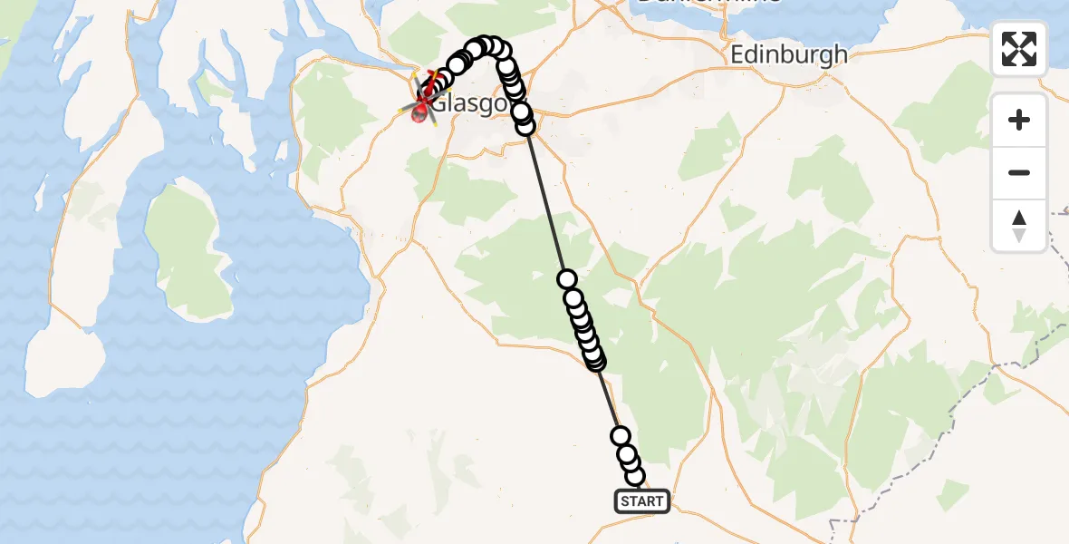 Flight route Air Ambulance Helicopter Holywood - Glasgow Airport, 22 May 2026, 13:40