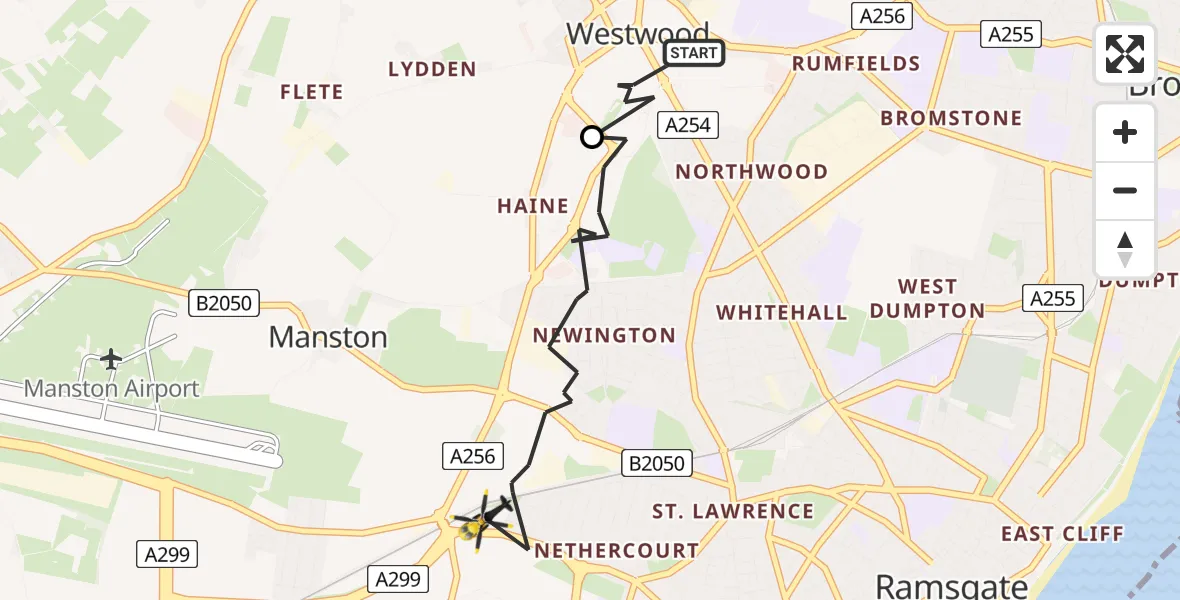 Flight route Police Helicopter Westwood - Ramsgate, 22 May 2026, 13:42