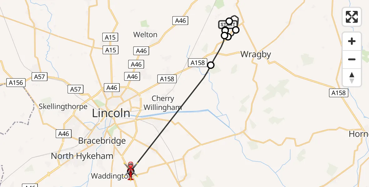 Flight route Air Ambulance Helicopter Wickenby Aerodrome - North Kesteven, 22 May 2026, 13:45