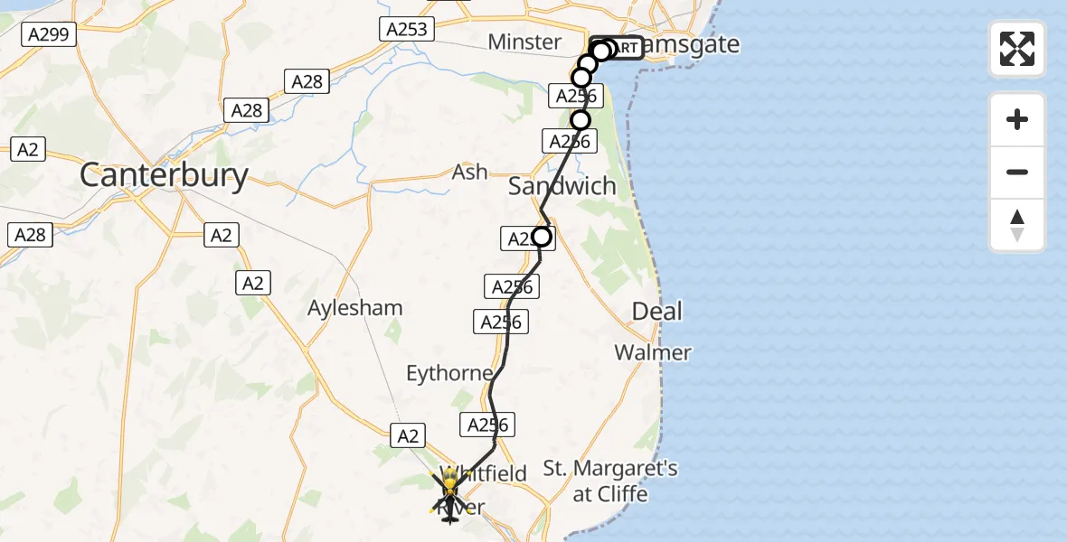 Flight route Police Helicopter Cliffsend - Dover, 22 May 2026, 13:49