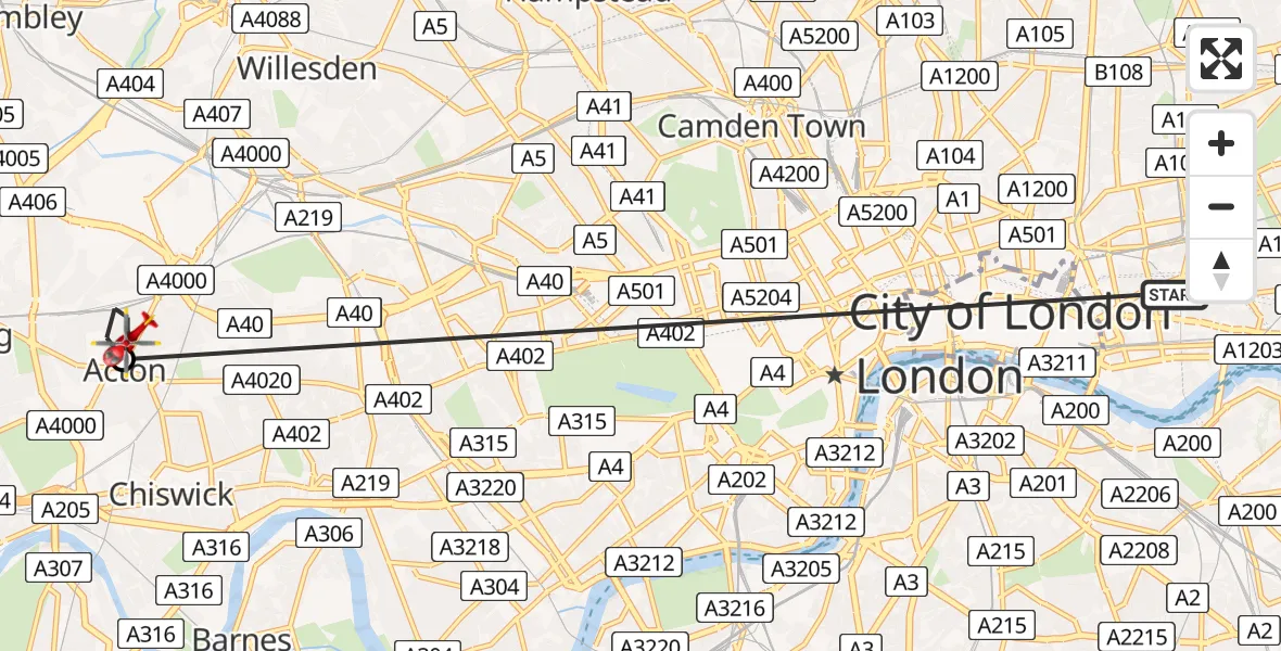 Flight route Air Ambulance Helicopter Royal London Hospital - Ealing, 22 May 2026, 13:51