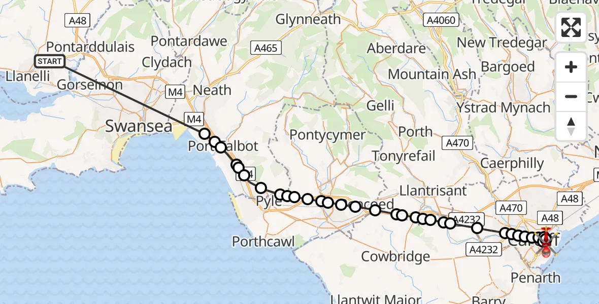 Flight route Air Ambulance Helicopter Dafen - Pengam Green, 22 May 2026, 13:52