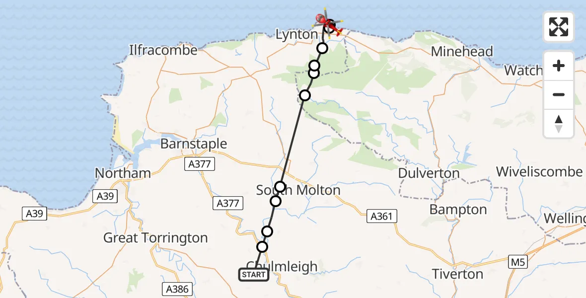 Flight route Air Ambulance Helicopter Ashreigney - North Devon, 22 May 2026, 14:08