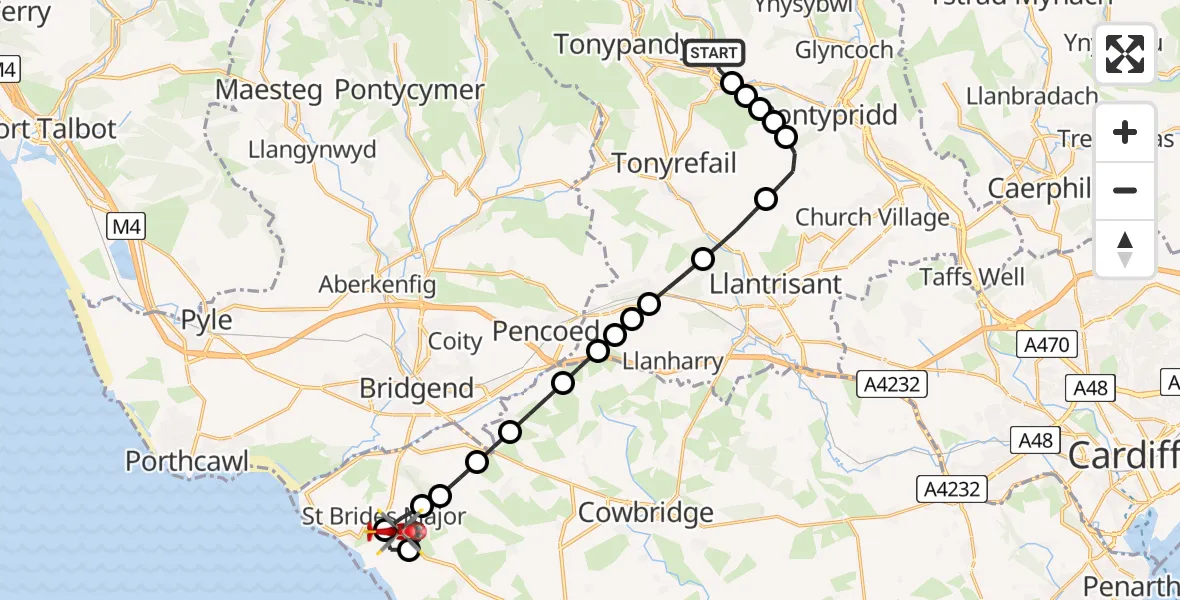 Flight route Air Ambulance Helicopter Porth - St Brides Major, 22 May 2026, 14:12
