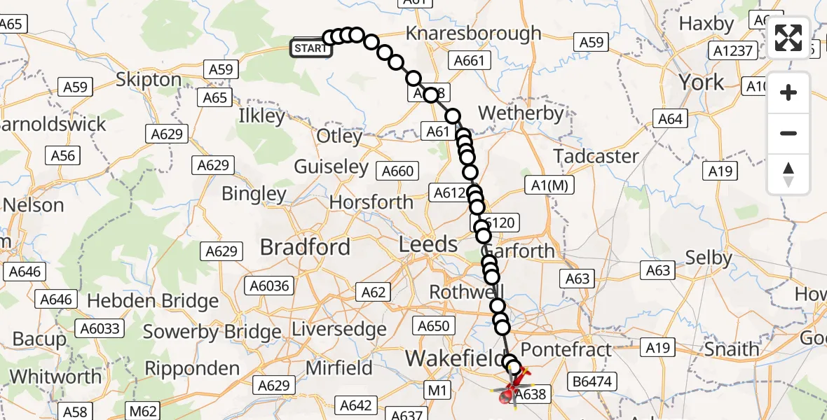 Flight route Air Ambulance Helicopter Blubberhouses - YAA Nostell Helicopter Port, 22 May 2026, 14:14