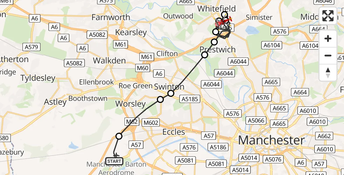 Flight route Air Ambulance Helicopter Manchester Barton Aerodrome - Prestwich, 22 May 2026, 14:15