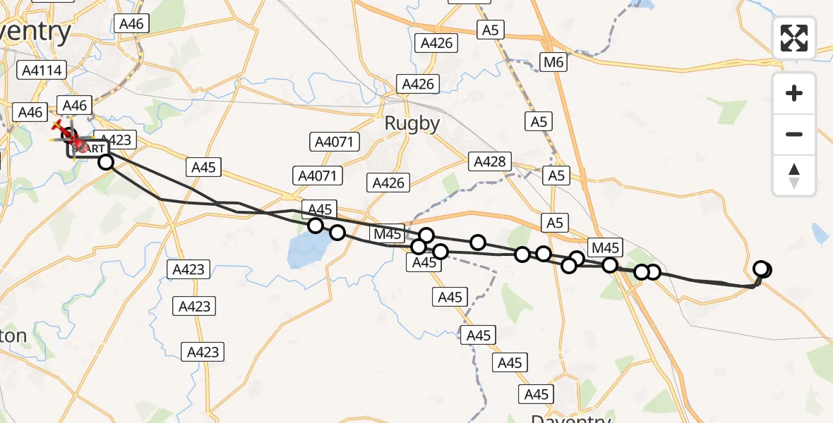 Flight route Air Ambulance Helicopter Warwick - Coventry Airport, 22 May 2026, 14:15