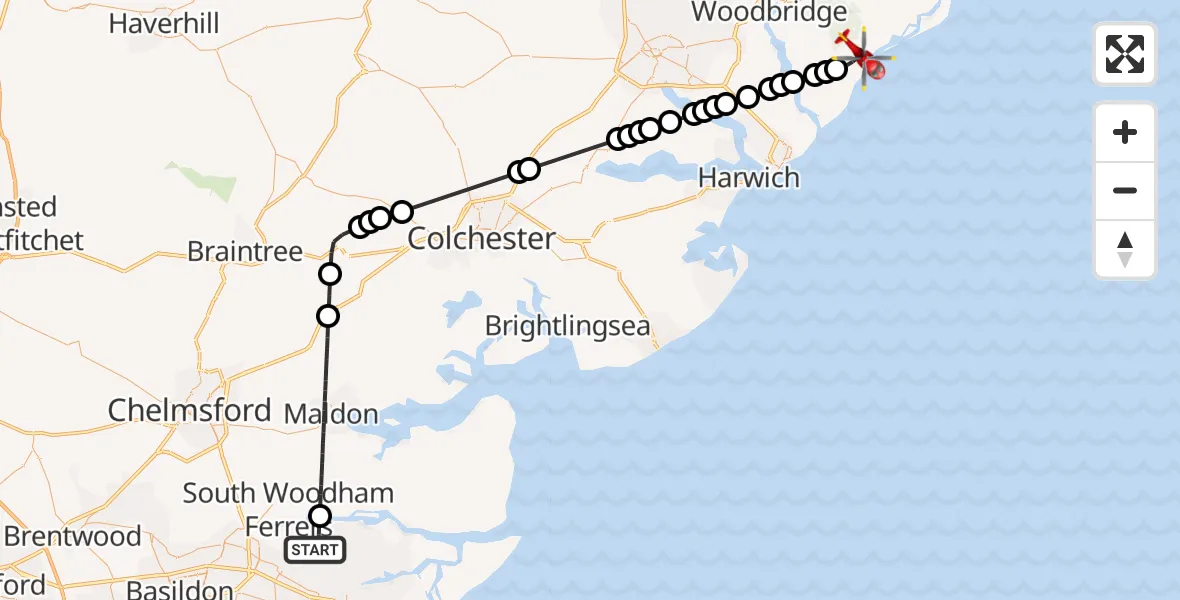 Flight route Air Ambulance Helicopter Rochford - Hollesley, 22 May 2026, 14:16